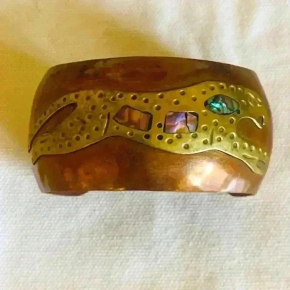 vintage copper cuff with inlay abalone shell, brass leopard bracelet - Picture 1 of 7